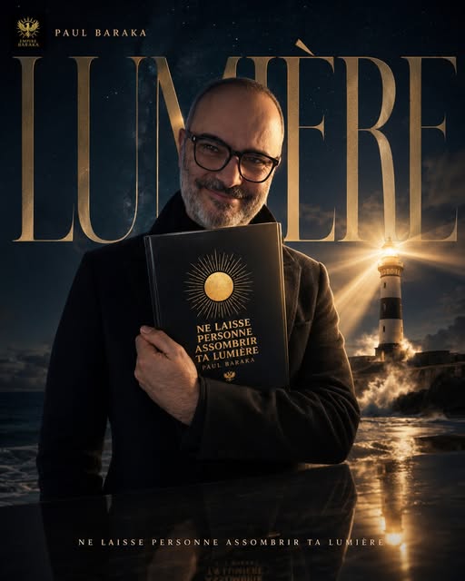 Paul Baraka smiling, holding his book Ne laisse personne assombrir ta lumière against a night sea, with a lighthouse shining behind him and the word Lumière above.